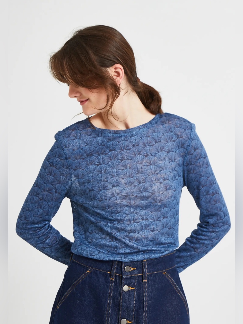 Monoprix France Essentials 100% Linen Blue Shell Print Long Sleeve Sheer